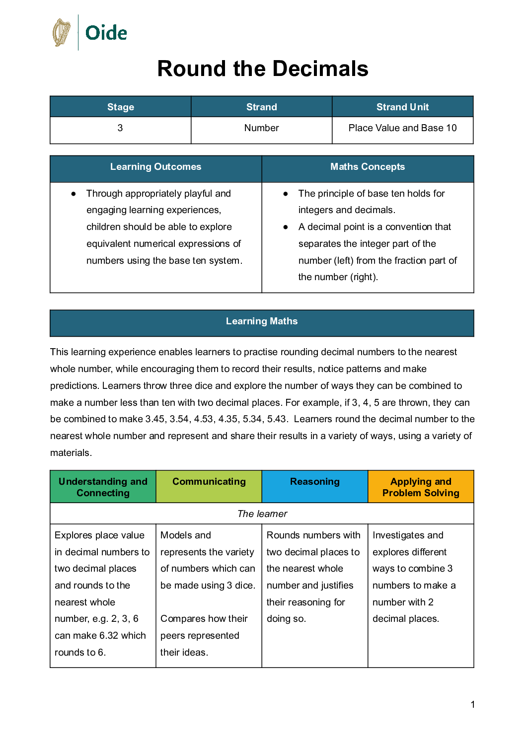 Round the Decimals Stage 3 Place Value and Base 10 pdf